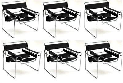 Lot 598A - Six Modern Wassily Chairs, after a design by Marcel Brewer, bent chrome-plated tubular steel frames