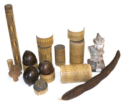 Lot 132 - A Collection of Indonesian Bamboo Canisters, South Sulawesi, each finely incised and stained...