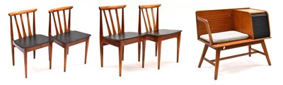 Lot 602A - A Set of Four Elliott's of Newbury Teak Dining Chairs, slat backs, black vinyl seats, labelled,...