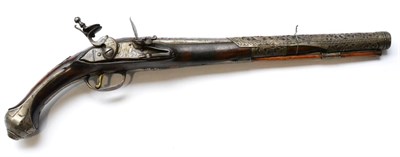 Lot 145 - An 18th Century Continental Flintlock Holster Pistol, the 34cm barrel richly chiselled at the...