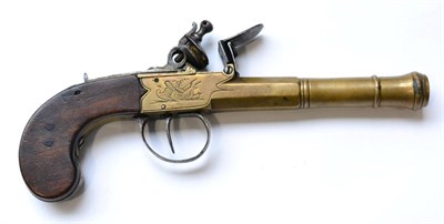 Lot 151 - An 18th Century Flintlock Travelling Pistol, with 13cm brass cannon barrel, box lock engraved...