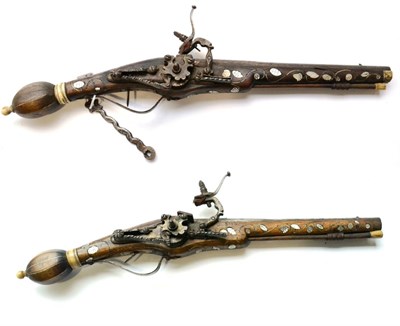 Lot 154 - A Pair of 19th Century Indian Copies of Wheel-lock Pistols, each with 34cm steel barrel...