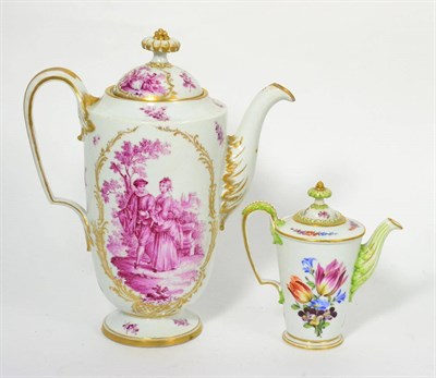 Lot 19 - A Meissen Porcelain Coffee Pot and Cover, 19th century, outside decorated in puce monochrome...
