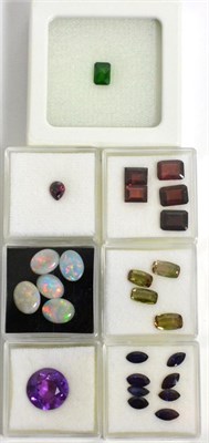 Lot 3002 - A Quantity of Loose Gemstones, including, an amethyst, a ruby, a chrome diopside, five opals,...