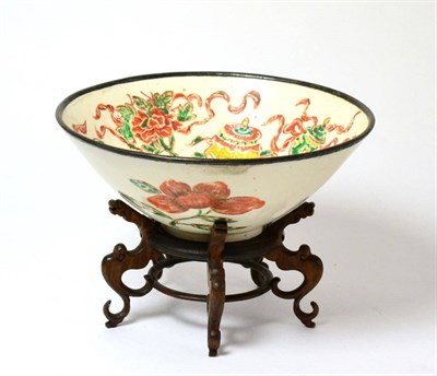 Lot 34 - A Ding Type Bowl, carved and later enamelled with precious objects, the exterior with sprigs...