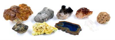Lot 3083 - Nine Mineral Specimens, including Smokey Quartz, Fluorite with Smithsonite both from Coldstones...