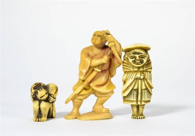 Lot 73 - A Japanese Stag Antler Netsuke, 19th century, as a crouching monkey holding a nut, 3cm; A...