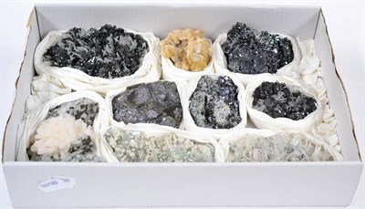 Lot 3207 - A Tray of Nine Mineral Specimens, including Calcite, Sphalerite, Quartz and Galena from Madan,...