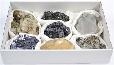 Lot 3208 - A Tray of Seven Mineral Specimens, including Calcite, Pyrite, Sphalerite and Galena from Madan,...