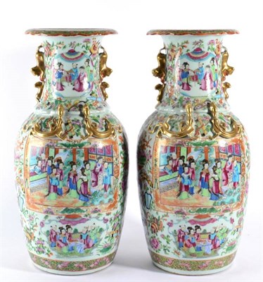 Lot 2 - A Pair of Cantonese Porcelain Baluster Vases, 19th century, with frilled rim, the necks applied...