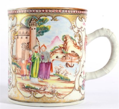Lot 6 - A Chinese Porcelain Mug, Qianlong, with bamboo handle, painted in famille rose enamels with figures