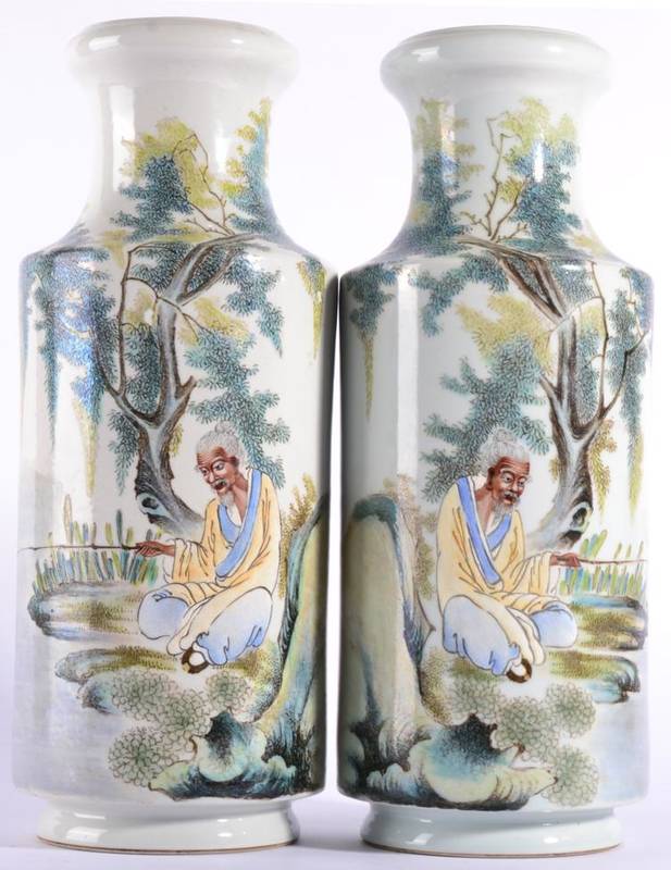Lot 9 - A Pair of Chinese Porcelain Vases, of cylindrical form with waisted neck, painted in famille...