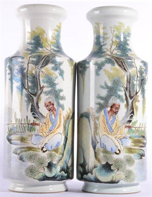 Lot 9 - A Pair of Chinese Porcelain Vases, of cylindrical form with waisted neck, painted in famille...
