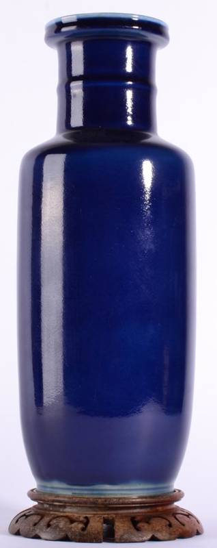 Lot 10 - A Chinese Porcelain Rouleau Vase, in 18th century style with blue ground, 30.5cm high, on...