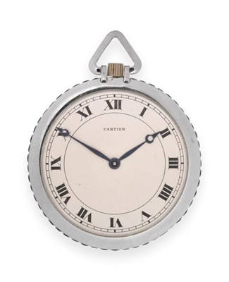 Lot 141 - A Fine and Rare Art Deco Platinum and Sapphire Set Open Faced Keyless Pocket Watch, signed Cartier