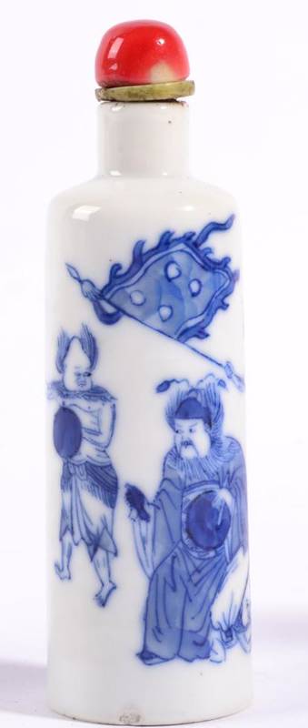 Lot 21 - A Chinese Porcelain Snuff Bottle, of shouldered cylindrical form, painted in underglaze blue with a