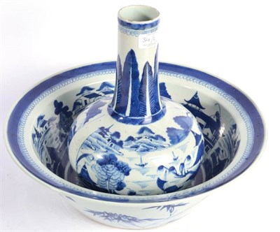 Lot 34 - A Chinese Porcelain Guglet and Basin, circa 1800, painted in underglaze blue with river...