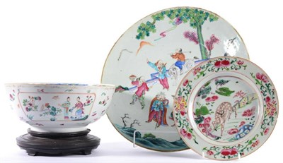 Lot 47 - A Chinese Porcelain Charger, 19th century, painted in famille rose enamels with two European...