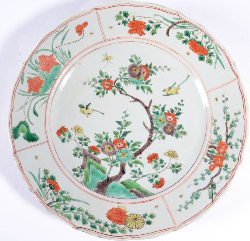 Lot 61 - A Chinese Porcelain Circular Dish, Kangxi, painted with famille verte enamels with birds...