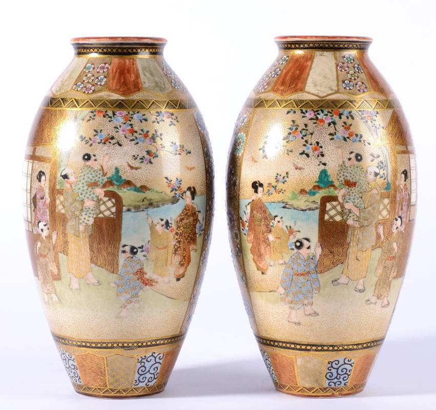 Lot 64 - A Pair of Satsuma Earthenware Baluster Vases, Meiji period, painted with families in gardens in...