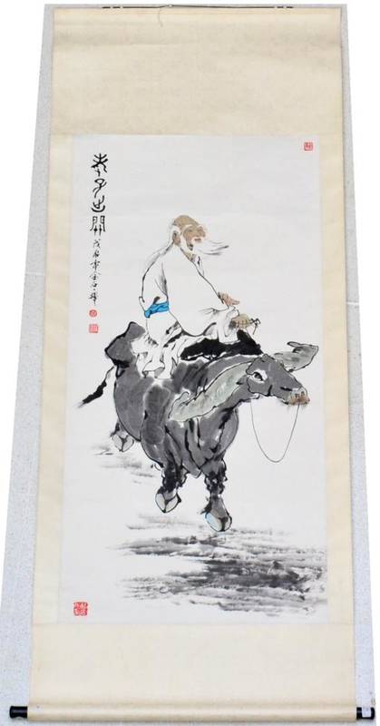 Lot 65 - Attributed to Ji Zhongliang Study of a Sage riding an ox - Chinese watercolour Bears seal marks and