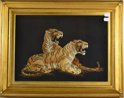Lot 80 - Chinese School (20th century): A Silkwork Panel, depicting two recumbent tigers, 40cm by 54cm,...