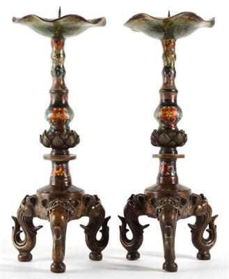 Lot 81 - A Pair of Chinese Bronze and Cloisonn‚ Pricket Candlesticks, Qing Dynasty, 19th century, with...