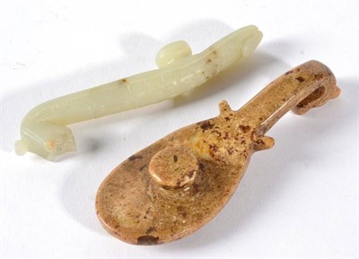 Lot 83 - A Chinese Jade Belt Hook, in the form of a dragon, 11cm long; and Another Belt Hook, with...