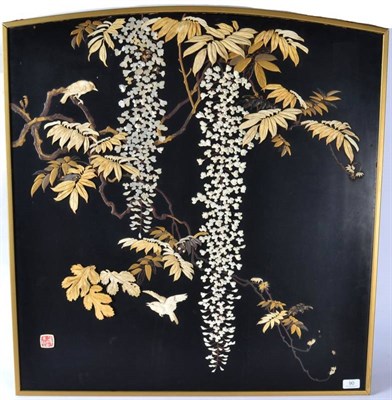 Lot 90 - A Japanese Ivory, Bone, Mother-of-Pearl and Tortoiseshell Inlaid Panel, Meiji period, decorated...