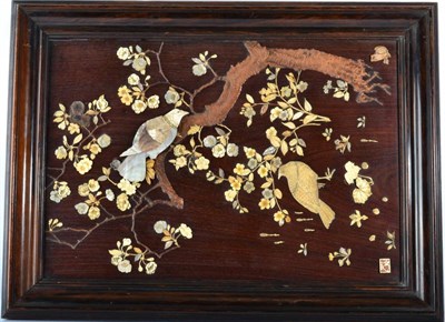 Lot 97 - A Japanese Shibayama Type Plaque, Meiji period, worked in bone, mother-of-pearl and wood with birds