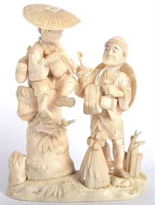 Lot 101 - A Japanese Ivory Okimono, Meiji period, as two farmers smoking pipes, one seated on a mount,...
