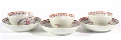 Lot 118 - A Set of Three Lowestoft Porcelain Tea Bowls and Saucers, circa 1790, painted in colours with...