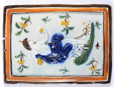 Lot 126 - A Prattware Plaque, circa 1800, of rectangular form, modelled and painted with Paris holding...