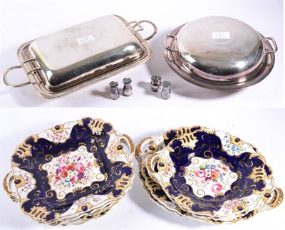 Lot 130 - An English Porcelain Dessert Service, circa 1830, painted with flowersprays within blue, cream...