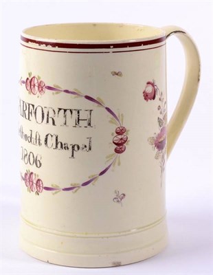 Lot 150 - A Leeds Creamware Cylindrical Mug, dated 1806, inscribed GARFORTH Methodist Chapel 1806 with a...