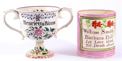 Lot 153 - A Sunderland Lustre Mug, early 19th century, inscribed William Smith Barbara Bill Let Love...