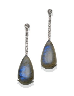 Lot 190 - A Pair of 18 Carat White Gold Labradorite Drop Earrings, a cluster of round brilliant cut...