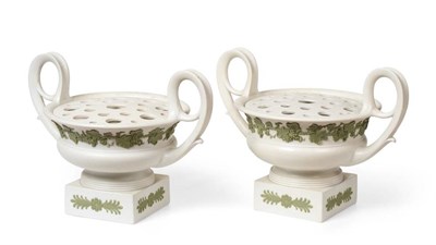 Lot 163 - A Pair of Wedgwood White Stoneware Pot Pourri Vases, Pierced Liners and Inner Covers, early...