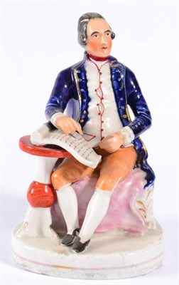 Lot 165 - A Staffordshire Pottery Figure of Captain James Cook, mid 19th century, seated beside a table...