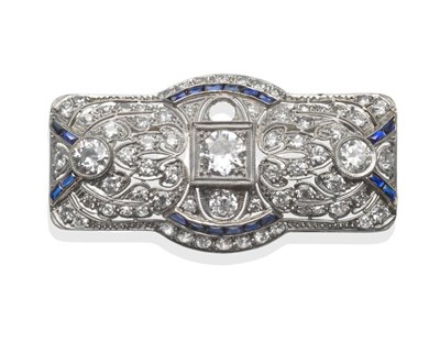 Lot 200 - ~ An Art Deco Style Diamond and Sapphire Brooch, set with old cut, round brilliant cut and...