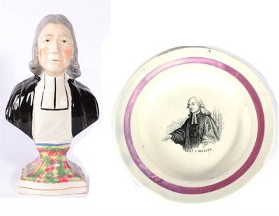 Lot 209 - A Staffordshire Pottery Bust of John Wesley, mid 19th century, on a marbled column, 29cm' and A...