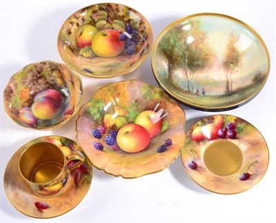 Lot 216 - A Royal Worcester Porcelain Small Bowl, painted by Tom Lockyer, 1924, with fruit on a mossy...