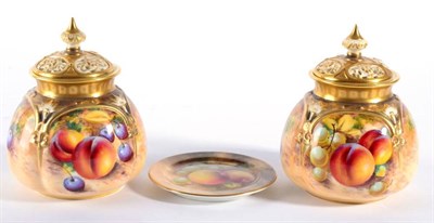 Lot 219 - A Pair of Royal Worcester Porcelain Pot Pourri Vases and Covers, painted by Roberts, 20th...