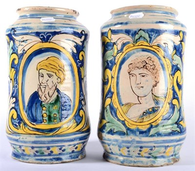 Lot 236 - A Pair of Sicilian Maiolica Albarelli, probably Caltagirone, 18th/19th century, typically...