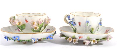 Lot 239 - A Matched Pair of Meissen Porcelain Floral Encrusted Cabinet Cups and Saucers, late 19th...