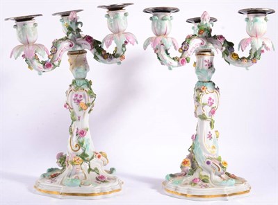 Lot 240 - A Pair of Meissen Porcelain Floral Encrusted Three-Light Candelabra, late 19th century, with...