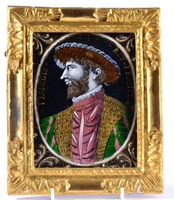 Lot 248 - A Limoges Enamel Plaque, in 16th century style, painted with a bust portrait of FRANCOIS I ROI...