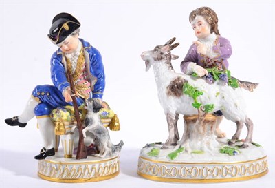 Lot 252 - A Meissen Porcelain Figure of a Huntsman, late 19th century, sitting on a stool holding a...