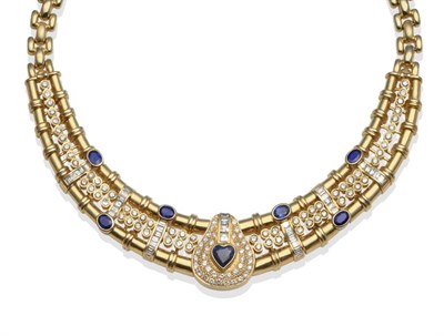 Lot 225 - ~ A Sapphire and Diamond Necklace, the collar set with one heart shaped and six oval cut...