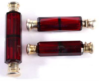 Lot 256 - A Silver Plate Mounted Cranberry Glass Double-Ended Scent Bottle, 19th century, of faceted...
